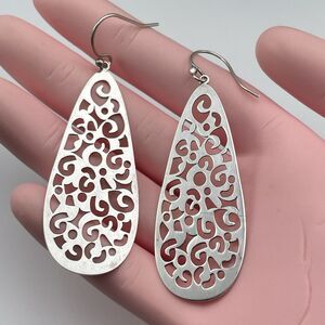 Vintage 925 Sterling Silver Teardrop Filigree Dangle Earrings Boho Statement